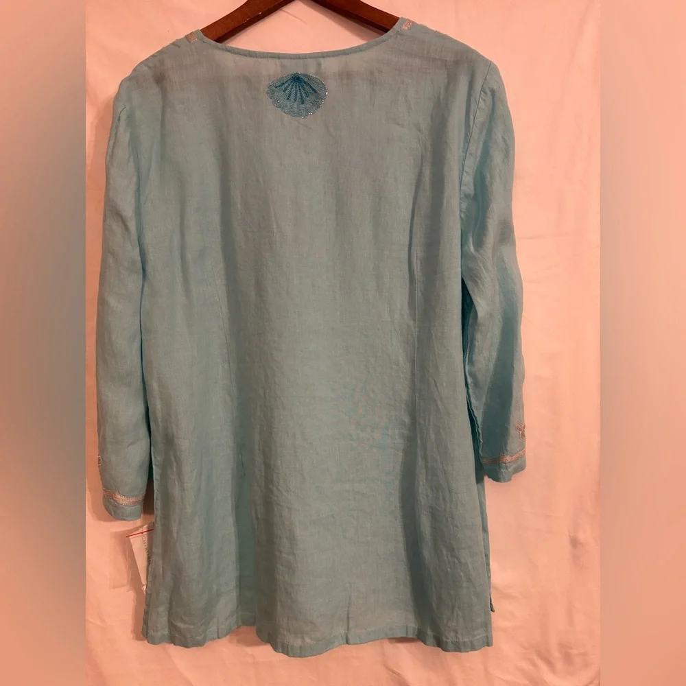 Aqua blue Charter Club 100% linen tunic with intricate nautical themed beads. - Picture 3 of 14
